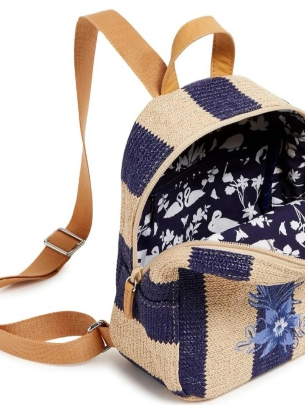Vera Bradley Mini Straw Backpack, Navy Stripe Straw Floral $85